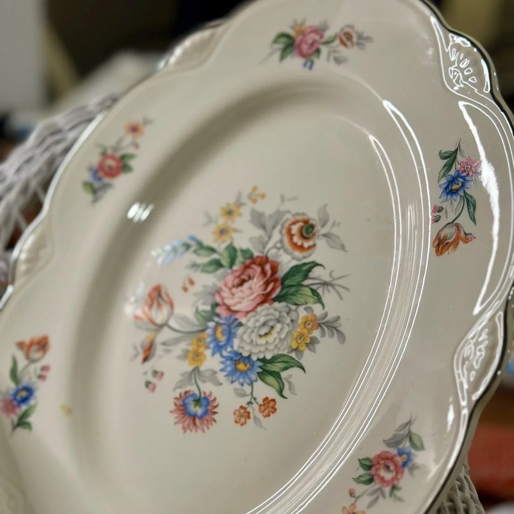 Homer Laughlin Floral 12 Inch Serving Platter Edged In Silver